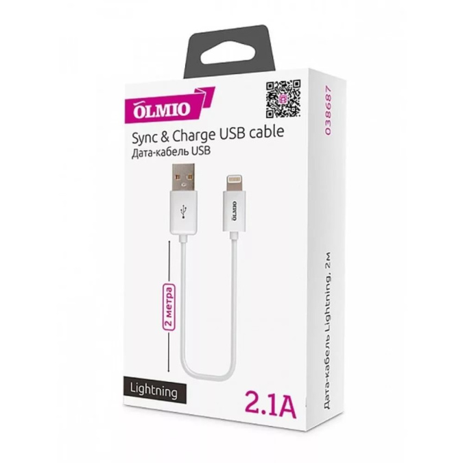 картинка Кабель Olmio USB 2.0 - Lightning, 2м, белый от интернет-магазина itsklad.kz