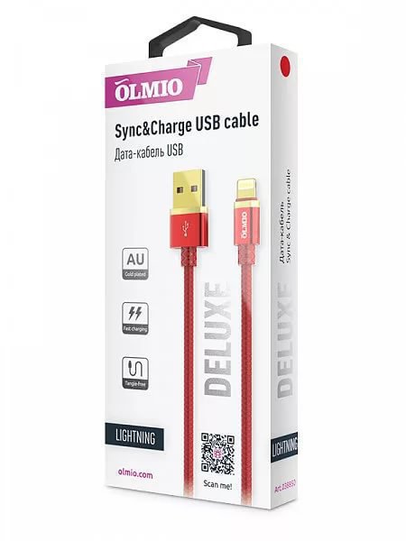 картинка Кабель OLMIO DELUXE, USB 2.0 - lightning, 1м, 2.1A, красный от интернет-магазина itsklad.kz