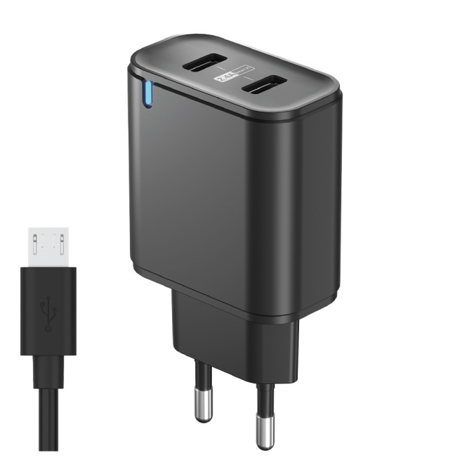 картинка Зарядное устройство сетевое Olmio USB, 2.4A, Smart IC + MicroUSB кабель в комплекте, черный от интернет-магазина itsklad.kz