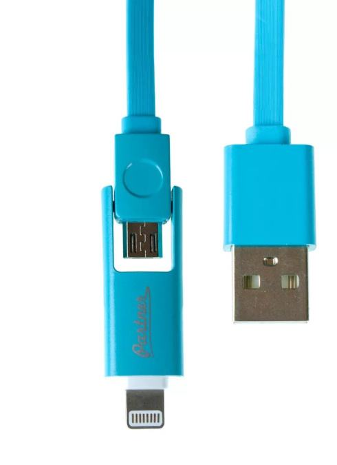 картинка Кабель Olmio USB 2.0 - microUSB/Apple 8pin, 2-в-1, 1м, 2.1A, голубой, плоский от интернет-магазина itsklad.kz