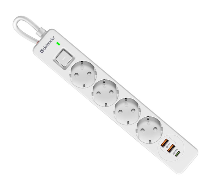 картинка Сетевой фильтр Defender DFS 143 - 3,0 М, 4 розеток, 2xUSB, 1xType-C, белый от интернет-магазина itsklad.kz