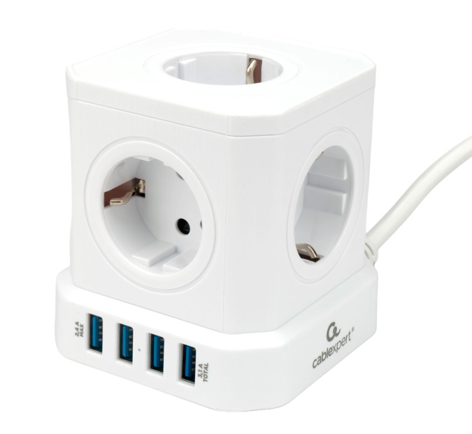 картинка Сетевой фильтр Cablexpert Tower TWR-5-U4-W-2, 5р, 10А, 4хUSB, 3.1А, 2м, ур.защ. 4+, коробка белый от интернет-магазина itsklad.kz