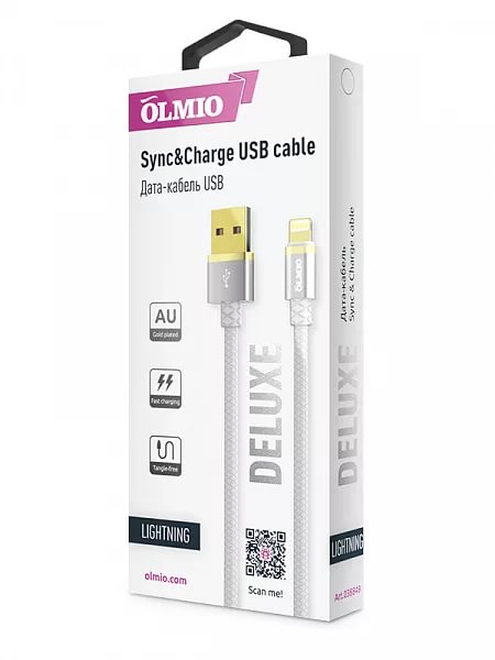картинка Кабель Olmio Deluxe, USB 2.0 - lightning, 1м, 2.1A, белый от интернет-магазина itsklad.kz