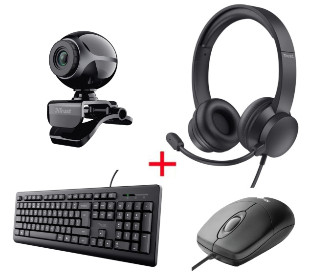 картинка Веб-камера Trust Exis Webcam + Наушники Ayda 3.5 + Клавиатура Primo 23880 + Мышь Basi от интернет-магазина itsklad.kz