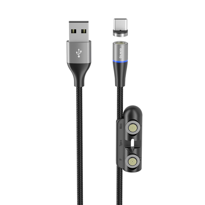 картинка Кабель Olmio MagCable 3in1, USB 2.0 - microUSB/typeC/8-pin, 1,2м, 3A, текстильная оплетка, черный от интернет-магазина itsklad.kz