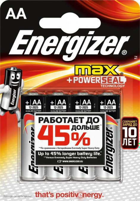 Элемент питания LR6 AA Energizer MAX  Alkaline 4 штуки в блистере