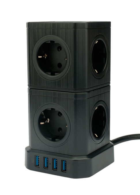 картинка Сетевой фильтр Cablexpert Tower TWR-9-U4-B-2, 9р, 16А, 4хUSB, 3.1А, 2м, ур.защ. 4+, коробка черный от интернет-магазина itsklad.kz