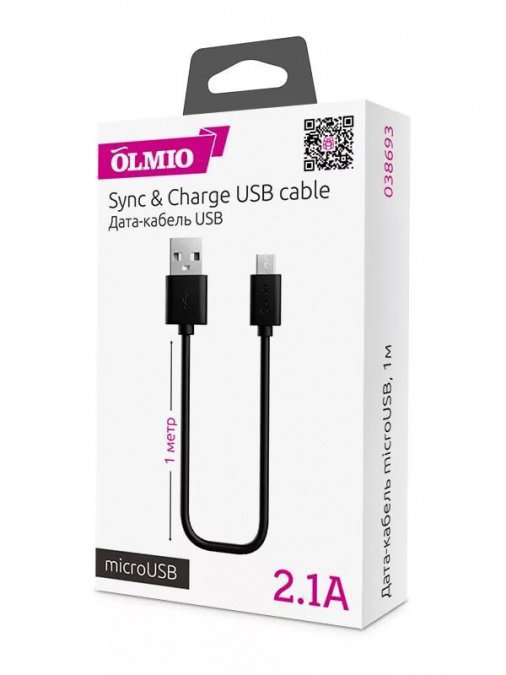 картинка Кабель Olmio USB 2.0 - microUSB,  2м, 2.1A, черный от интернет-магазина itsklad.kz