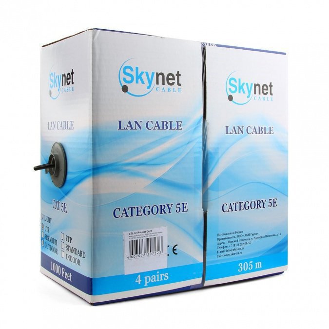 картинка Кабель SkyNet Standart UTP outdoor 4x2x0,48, медный, FLUKE TEST, кат.5e, однож., 305 м, box, черный от интернет-магазина itsklad.kz