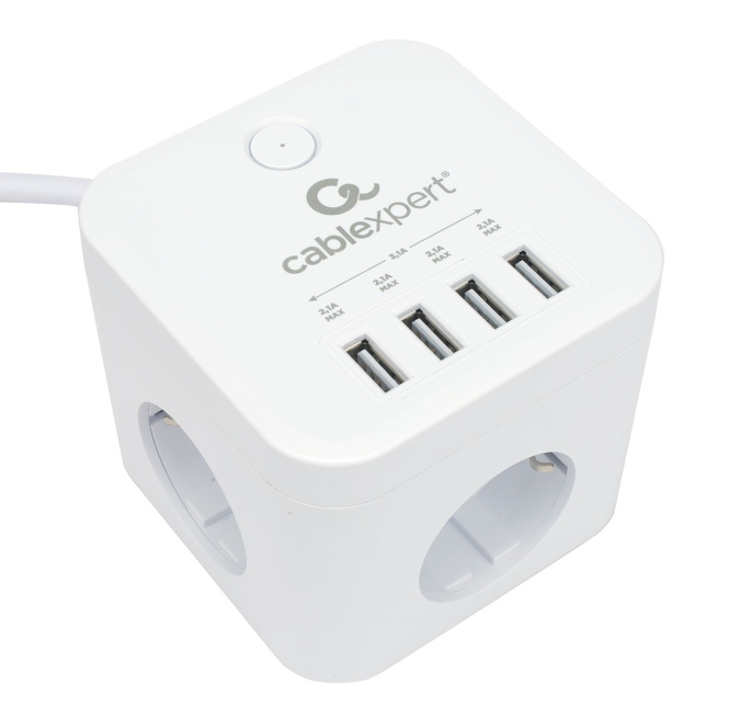 картинка Сетевой фильтр Cablexpert Cube CUBE-3-U4-W-1.5, 3р, 10А, 4хUSB, 1.5м, ур.защиты 4+, коробка белый от интернет-магазина itsklad.kz