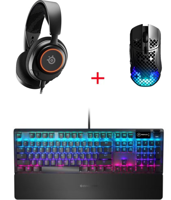 картинка Наушники SteelSeries Arctis Nova 3 61631 + Клавиатура Apex 5 US 64532 + Мышь Aerox 5 62401 от интернет-магазина itsklad.kz
