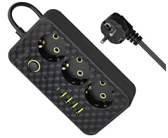 Удлинитель Defender без заземления R220 3 м, 3 розетки, 4xUSB, 1xType-C, черный