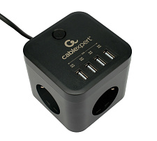 Сетевой фильтр Cablexpert Cube CUBE-3-U4-B-1.5, 3р, 10А, 4хUSB, 1.5м, ур.защиты 4+, коробка черный