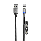 Кабель Olmio MagCable 3in1, USB 2.0 - microUSB/typeC/8-pin, 1,2м, 3A, текстильная оплетка, черный