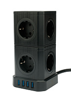 Сетевой фильтр Cablexpert Tower TWR-9-U4-B-2, 9р, 16А, 4хUSB, 3.1А, 2м, ур.защ. 4+, коробка черный
