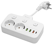 Удлинитель Defender без заземления R240 0.2м, 2 розетки, 3xUSB, 1xType-C, белый