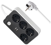 Удлинитель Defender без заземления R230 2 м, 4 розетки, 2xUSB, черный