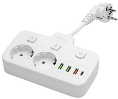 Удлинитель Defender без заземления R240 0.2м, 2 розетки, 3xUSB, 1xType-C, белый